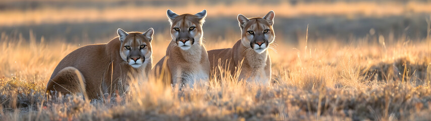 Puma family in the savanna with setting sun shining. Group of wild animals in nature.