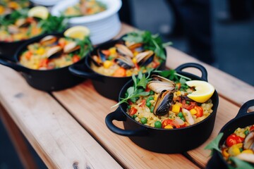 mini paella servings in small pans for tapas style dining event - obrazy, fototapety, plakaty