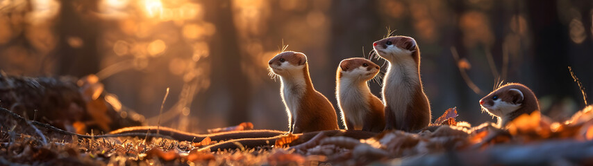 Weasel family in the forest with setting sun shining. Group of wild animals in nature. Horizontal,...