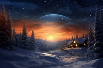Beautiful night sky over snowy landscape, perfect for Christmas wallpaper. Generative AI