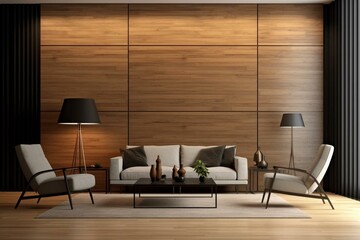 Contemporary living room with wooden wall panel, chairs, sofa, decoration; 3D rendering. Generative AI