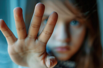 Stop gesture. Close up of girl show stop gesture sign by hand saying no to domestic violence or abuse