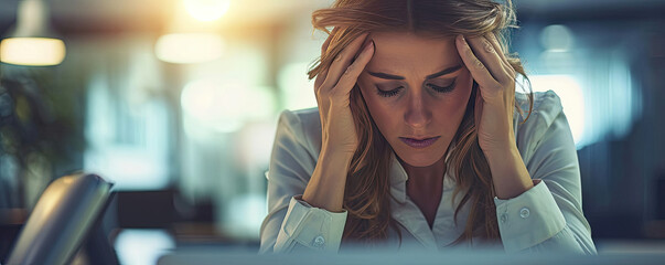 Stressed Woman Sitting at Desk, Holding Head With Her Hands in Frustration - obrazy, fototapety, plakaty