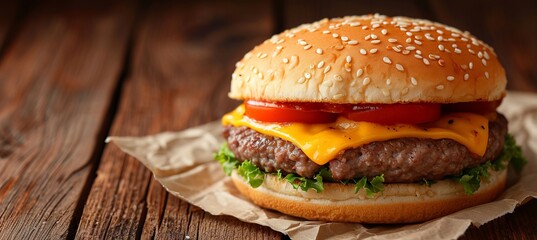 Tasty homemade beef burger on wooden table with copy space, studio shot, ideal for text placement.