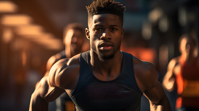 Sprinter in motion, a male runner pushing limits, sunlight creating dynamic shadows, dressed in professional athletic gear