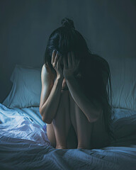 Woman Sitting on Bed, Covering Face With Hands - obrazy, fototapety, plakaty