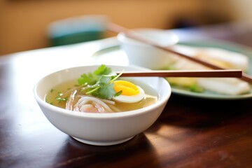 pho with soft-boiled egg cut in half, yolk visible
