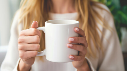 Close up of woman hands holding cup of coffee or tea at home