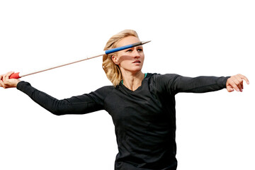 female athlete javelin throwing in athletics competition isolated on transparent background
