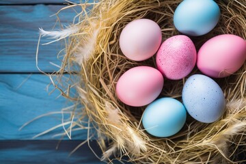 Soft hues of pink, blue, and yellow converge, providing an idyllic Easter background for advertising creativity.