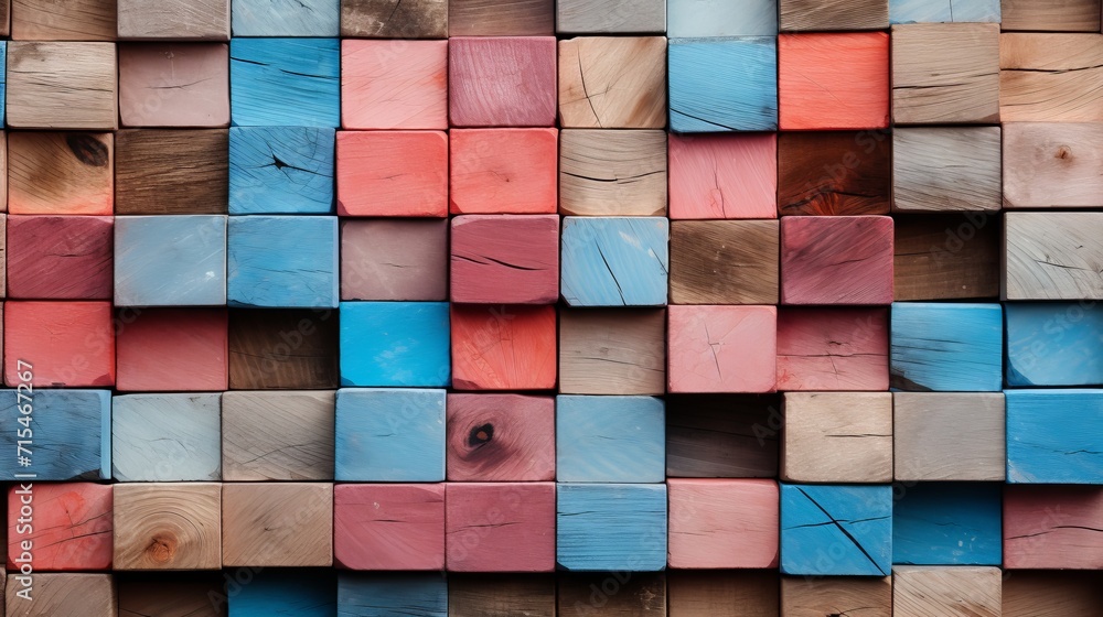 Poster vibrant colorful wooden blocks aligned on a wide format background, creating a playful composition.
