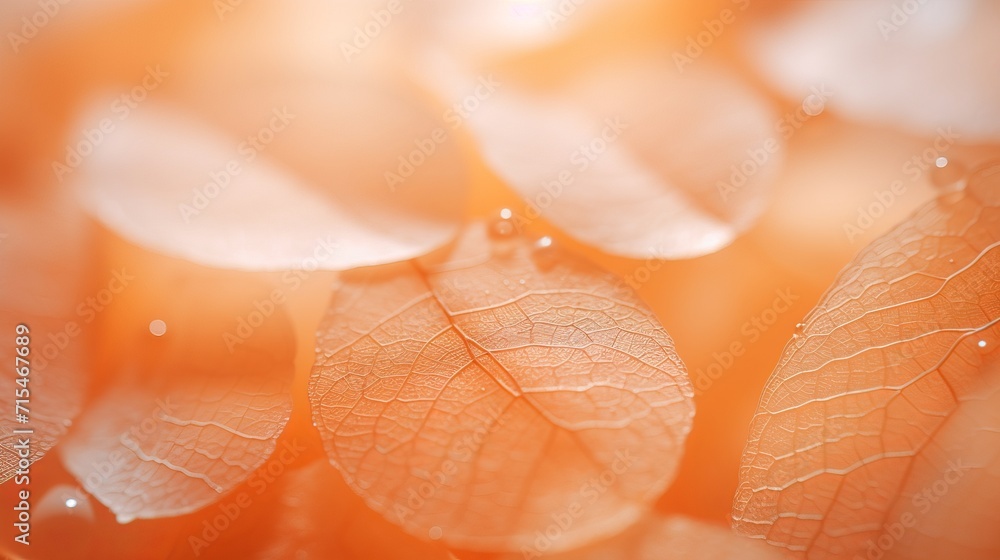 Poster close up of trendy peach leaf texture, abstract macro background in color of the year peach fuzz.