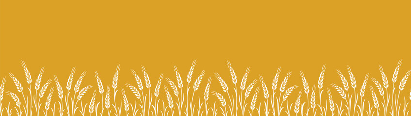 Seamless food pattern with wheat, oat, barley, rye, wheat ears stalks, field on yellow background and place for text - 715467849
