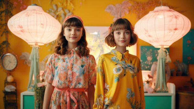 Two girls in bright floral retro 60s costumes in a retro interior. Scenery during the shooting of the video clip