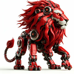 3d red render cyborg robotic lion on white background  - obrazy, fototapety, plakaty
