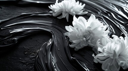 Funeral layout with black ink swirls and white chrysanthemum petals on a smooth, dark surface,...