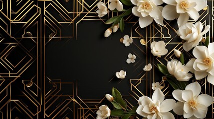 Artistic layout with geometric black and gold patterns, complemented by white gardenias, creating a dignified and elegant funeral background.