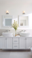 Fototapeta na wymiar Bathroom With Two Sinks and Two Mirrors for Convenient Use and Efficient Morning Routines
