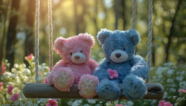 Blue and pink teddy bears sitting on a swing in a sunlit garden their carefree and joyful expressions captured in high definition creating a magical and enchanting image