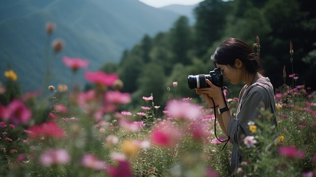 A daytime scene filled with beautiful flowers, mountainous slopes, photography - Generative AI