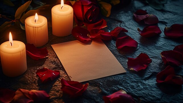 Fototapeta A dark funeral velvet surface illuminated by the soft glow of white candles, surrounded by scattered rose petals and a blank mourning card.