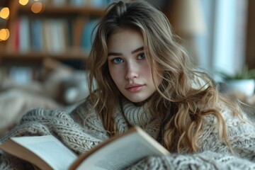 Cute female, 22 years old, reading a book with a lot of text, light background
