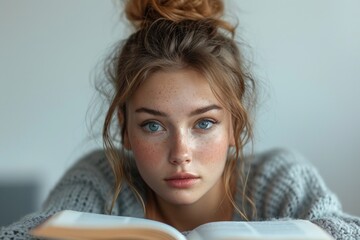 Cute female, 22 years old, reading a book with a lot of text, light background