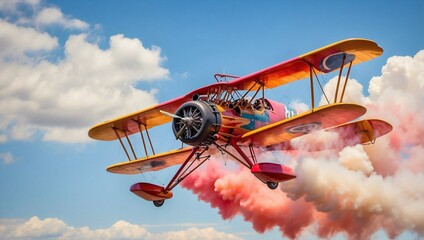 An antique biplane performing stunts at an airshow, with colorful smoke trails painting the sky Generative AI - obrazy, fototapety, plakaty