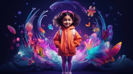 A little girl in vibrant clothes against the backdrop of augmented reality
