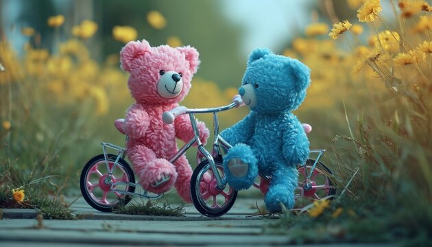 Blue teddy bear and pink teddy bear sharing a bicycle ride their playful adventure and colorful personalities captured in high definition creating a lively and whimsical image