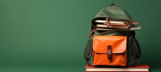 Back to school concept with full backpack and books on green background with copy space - obrazy, fototapety, plakaty