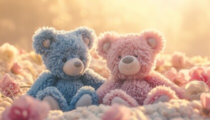 Two teddy bears one in soothing blue tones and the other in lovely pink hues enjoying a sunlit afternoon on a soft blanket their huggable presence and contrasting colors captured in high definition