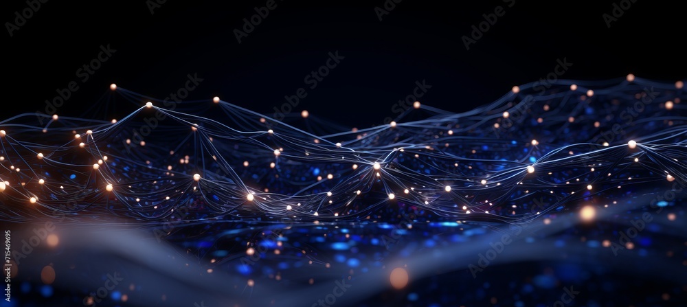 Poster blue cyberspace background with dot wave and wavy lines for data transfer and network security