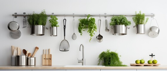 Kitchen With Multiple Potted Plants Mounted on the Wall