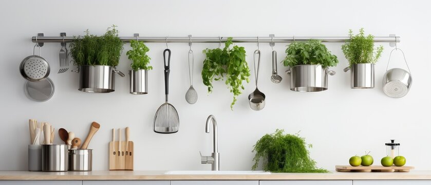 Kitchen With Multiple Potted Plants Mounted on the Wall
