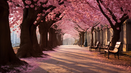 Blooming pink sakura cherry trees in a garden park. Romance and love, tenderness. Abstract natural...