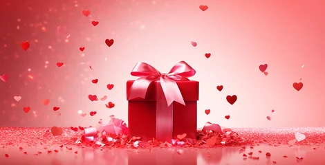 Fotobehang Pink gift box wrapped red ribbon bow with red hearts and confetti. Happy St Valentines Day, Mothers Day, birthday concept. © Birol Dincer 