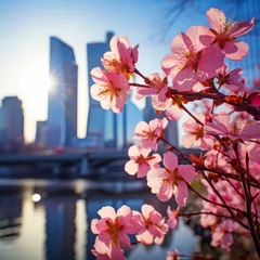 Gordijnen Blooming pink sakura cherry trees against the backdrop of a modern large modern city, metropolis. Romance and love, tenderness. Abstract natural spring background light rosy dark flowers close up. © ALA