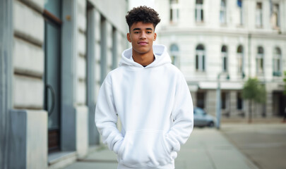 Obraz premium A mockup photo of a young guy wearing blank white hoodie or sweatshirt with no print or logo for mock-up template, street on background, handsome young man, African ethnicity