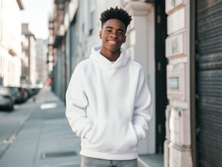 A mockup photo of young guy wearing a white hoodie standing in the street smiling looking at camera, African boy wearing a blank sweatshirt with no print or logo, street fashion, teenager apparel