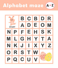 A to Z Maze game for children. Worksheet for kids and children. Alphabetic labyrinth puzzle. Learning alphabet letters. Alphabet mazes for kindergarten and preschool.