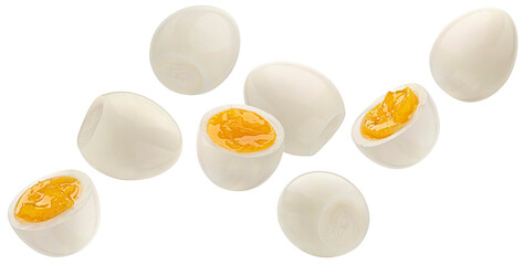 Falling peeled eggs isolated on white background