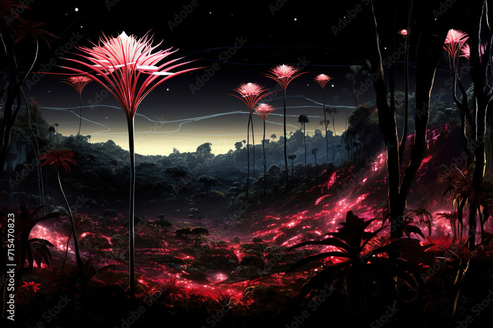 Poster fantasy alien plants on space. Generative Ai