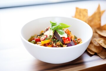 ratatouille in a bowl, topped with crumbled goat cheese