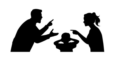 Arguing couple, silhouettes of quarreling parents and little child covering ears, unhappy family - obrazy, fototapety, plakaty
