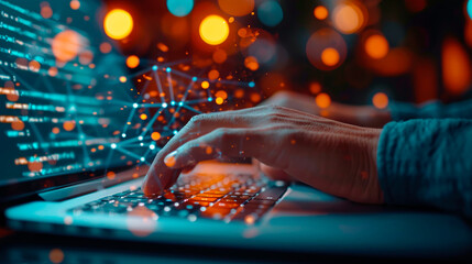 Close up hands of businessman use laptop to work on smart digital marketing and data management.