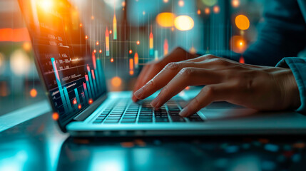 Close up hands use laptop to work on smart digital marketing and data management.Project Manager Researching Process.