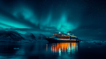 The beautiful cruise ship sailing close the islands in the night with  the norther lights in the sky.