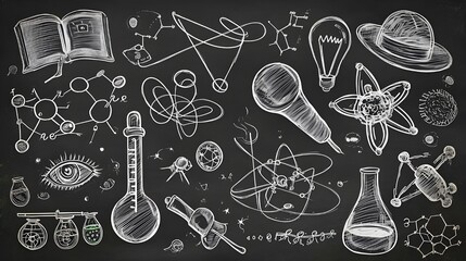 black board, chalk board with chemistry physics math objects.
