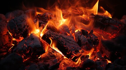 Fototapeta premium Intimate view of a crackling fireplace vibrant flames, glowing embers, and warm illumination